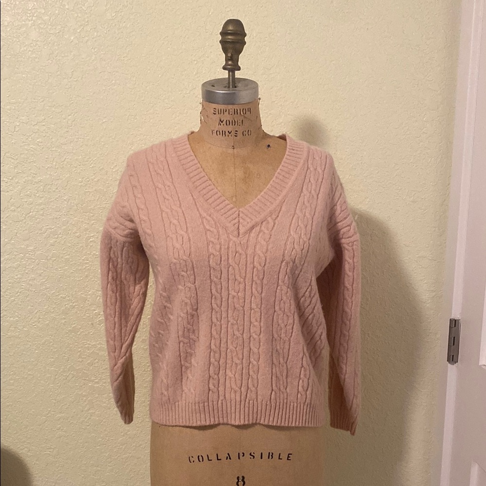 Light Pink Cable Knit V-Neck Wool Sweater